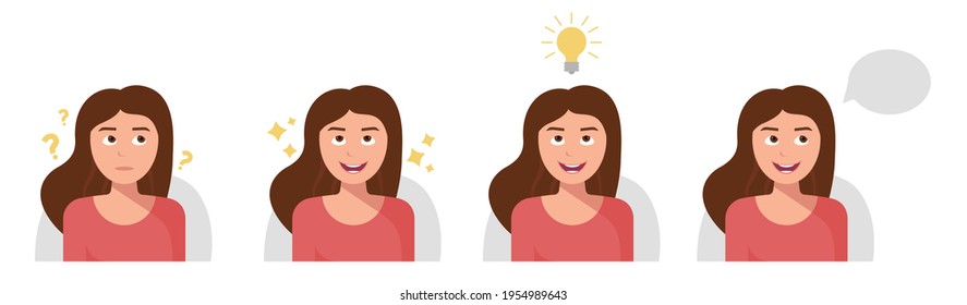 Set of different emotions young beautiful woman. Facial expression with various gestures isolated vector illustration. Girl character. Girl thinking, new idea, talking. Girl in red pink blouse