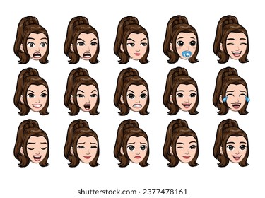 Conjunto de diferentes emociones joven y hermosa mujer. Expresión facial femenina con diversos gestos. Ilustración vectorial de chica estilo caricatura aislada en blanco.