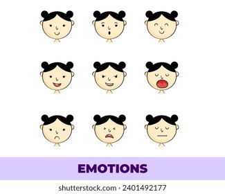 Set of different emotions young beautiful cartoon girl. Facial expression. Funny Girl Avatar. Vector illustration of a flat design.