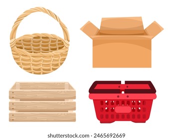 Set with different empty bags on a white background. Corton box, wicker basket, plastic shopping bag and wooden box. Flat style illustration