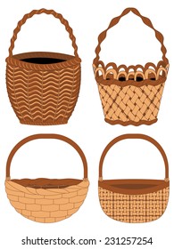 Set of different empty baskets on white background.