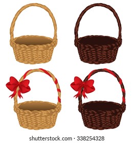 Set of different empty baskets on white background.