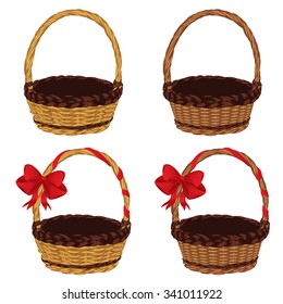Set of different empty baskets on white background.