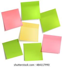 Set of different empty colorful sticky note papers, ready for your message. Front view vector elements for your design, isolated on white background.