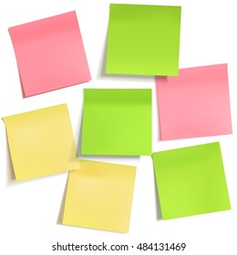 Set of different empty colorful sticky note papers, ready for your message. Front view vector elements for your design, isolated on white background.