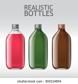 Set of different empty glass bottles. Template for design of bottles of milk, juice, yogurt, vinegar and any other liquid. Capacity for food and other fluids. Use for your design
