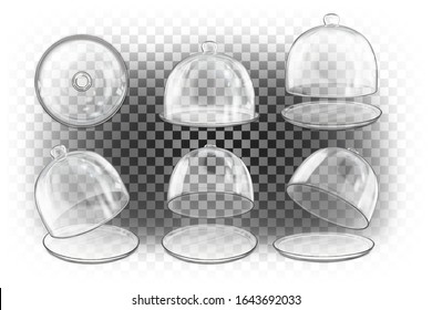 Set Of Different Empty Transparent Glass Vector 3d Realistic Domes Of Different Views. Empty Packaging, Cover, Container, Dome, Sphere. Blank Template. Cloche For Dishes.