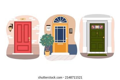 Set of different entrance house doors. Building exterior architecture design, home entry door, decorative plant, welcome floor mat, exterior doorway and doorsteps vector illustration