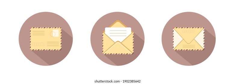 Set of different envelope. E-mail icon. Retro postcard and craft paper. Written letter or correspondence. Vector illustration in flat cartoon style