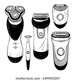 Set of different epilators, trimmers and shaving machine. Vector illustration