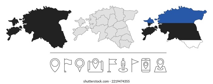 Set of different Estonia maps with national flag. Navigation line icons. Vector illustration.