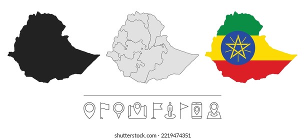 Conjunto de diferentes mapas de Etiopía con bandera nacional. Iconos de la línea de navegación. Ilustración vectorial.