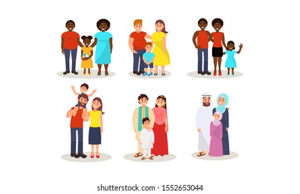 Set With Different Ethnic Families With Husband, Wife And One Child Vector Illustration