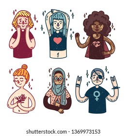 Set of different ethnic girls and old woman. Women with wrinkles, vitiligo, freckles, acne, in hijab. Portraits and avatars of cute characters for body positiv poster. Feminist set of women. Vector