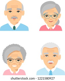 Set of different european avatar old peoples in colorful flat style.
Collection of various faces of international age man, woman.
