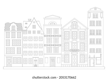 Set of different european buildings, houses. West european styled buildings. Coloring book antistress for adults and children. Black and white. Outline style. White background. Vector illustration.