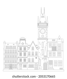 Set of different european buildings, houses. West european styled buildings. Coloring book antistress for adults and children. Black and white. Outline style. White background. Vector illustration.