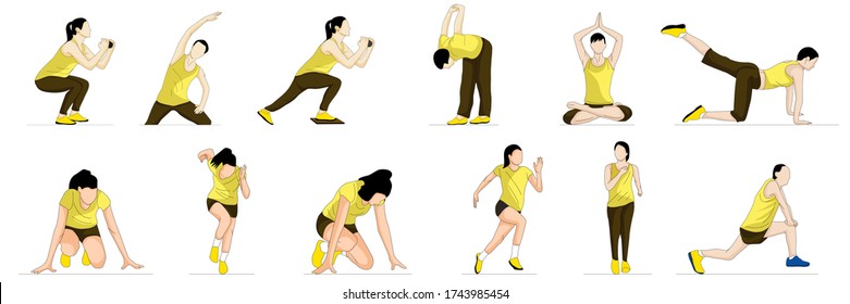Set of different exercise positions. Morning exercise, running, yoga, rest  - Digital vector illustrations without reference image 