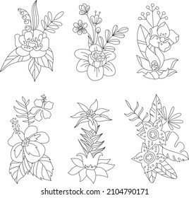 Set with different exotic contour flowers and leaves. Collection with botanical monochrome elements for your design.