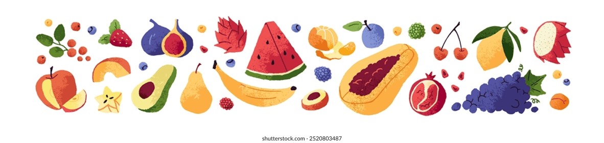 Conjunto de diferentes frutas exóticas. Bagas naturais: cereja, morango. Alimentos tropicais saudáveis: limão fresco, abacate maduro, mamão e tangerina. Ilustrações de vetor isoladas planas sobre fundo branco