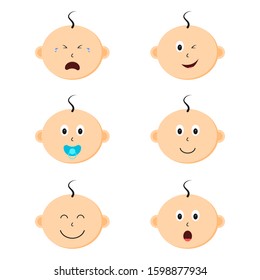 Set of different expressions baby character. Funny baby emoji with various facial expressions.  Vector illustration isolated on white background