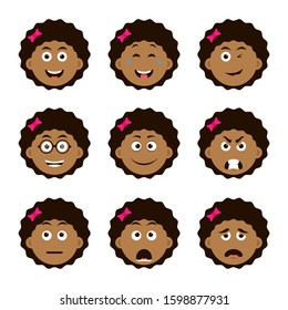 Set of different expressions female character. Beautiful girl emoji with various facial expressions.  Vector illustration isolated on white background