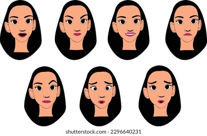 Conjunto de diferentes expresiones de carácter femenino, ilustración vectorial en estilo de dibujos animados.