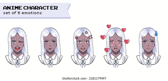 Set of different expressions of a female dark-skinned and blonde-haired anime character.
