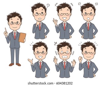 A set of different expressions of man wearing a suit