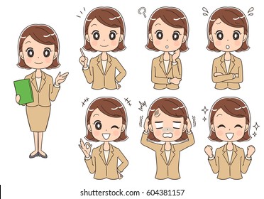 A set of different expressions of woman wearing a suit