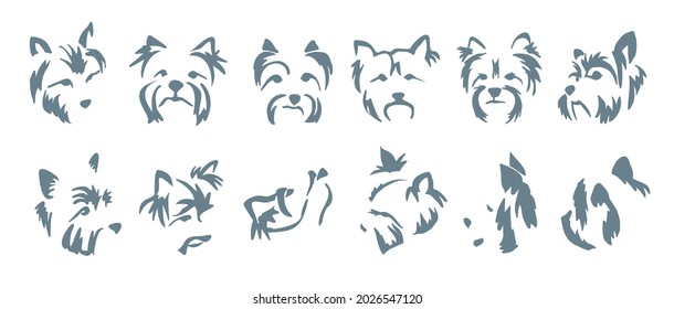 Set of different expressions of a Yorkshire terrier muzzle. Vector drawing of the head of a small dog. Gestalt animal design