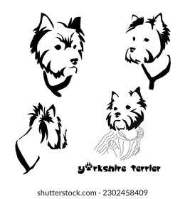 Set of different expressions of a Yorkshire terrier muzzle. Vector drawing of the head of a small dog. Gestalt animal design