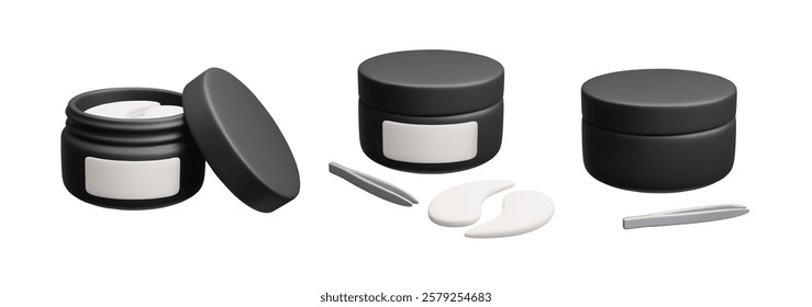 Set of different eye patches bottles 3D vector render. Black cosmetic product packages of hydrating gel eye patches with applicator tweezers realistic 3D vector illustration. Collagen masks eye care.