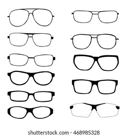 Set of different eyeglasses and sunglasses silhouettes isolated in white background.