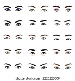 Un conjunto de ojos y cejas diferentes. Retrato de mujeres de diferentes grupos étnicos. Ilustración vectorial al estilo de las caricaturas.