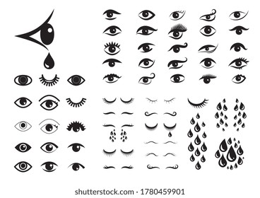 Set of different eyes icons. Human look with tears vector illustration