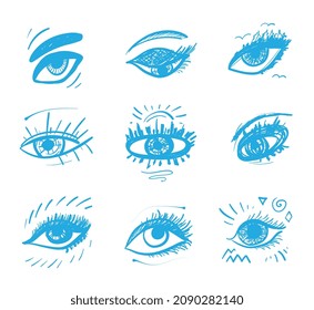 Set of different eyes icons. Optical pictogram collection, eyesight silhouettes, eye symbols, view graphic elements vector illustraton. Hand drawn imitation
