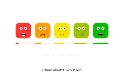 Set different face emotion. Feedback scale. Angry, sad, neutral, satisfied and happy emoticon set. Funny cartoon hero emotion rating.