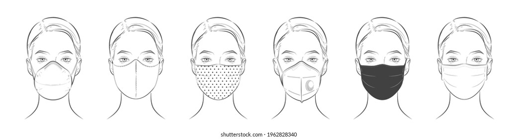 Set aus verschiedenen Gesichtsmasken. N95, chirurgisch, FFP1, hausgemacht, DIY, Kohlenstoff, Sicherheitatmung, Mode, Tuch, Baumwolle und Schwamm Maske für Staub, Luftverschmutzung, die zum Schutz vor Koronavirus verwendet wird. Vektorgrafik