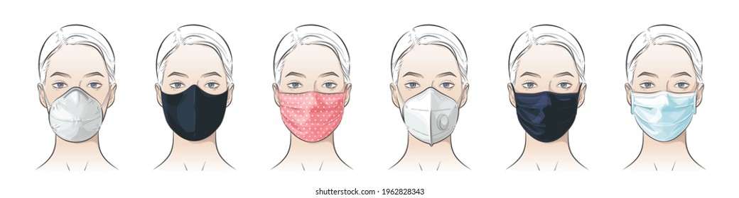 Set aus verschiedenen Gesichtsmasken. N95, chirurgisch, FFP1, hausgemacht, DIY, Kohlenstoff, Sicherheitatmung, Mode, Tuch, Baumwolle und Schwamm Maske für Staub, Luftverschmutzung, die zum Schutz vor Koronavirus verwendet wird. Vektorgrafik