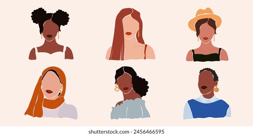 Set of different faceless abstract different ethnic groups women