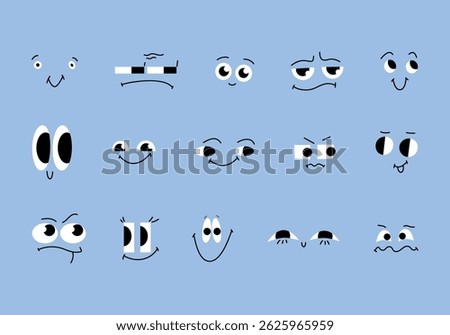 Set of different faces with emotions in cartoon style. Different variants of funny Doodle shapes of eyes, eyebrows and lips. Hand drawn trendy vector illustration for kids. Cute funny characters.