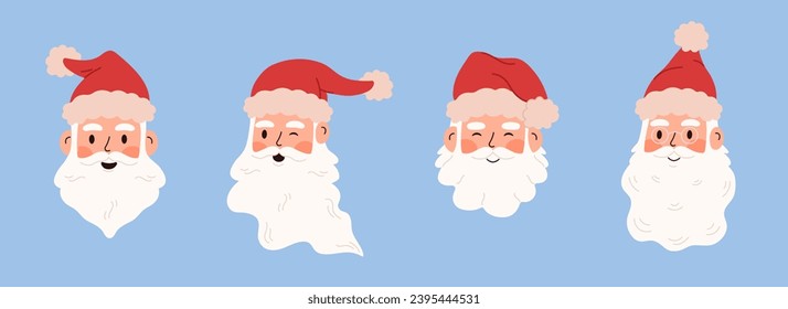 Set with different faces of Santa Claus. Santa in a hat, santa beard, santa in glasses. The character winks, smiles, laughs. Isolated design elements. Hand drawn flat illustration.