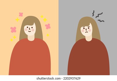 Set of Different Facial Expression and Mood of Young Woman. Girl Feeling Happy and depressed. Mental Health, psychology concept. Flat Cartoon Vector design Illustration isolated in white background.