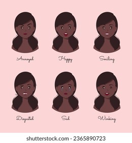 Set of different facial expressions of Afro American female character. Collection of feelings of young black woman. Portrait emoji of beautiful girl with various emotions.