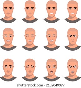 	
A set of different facial expressions of a bald man. Isolated vector illustration