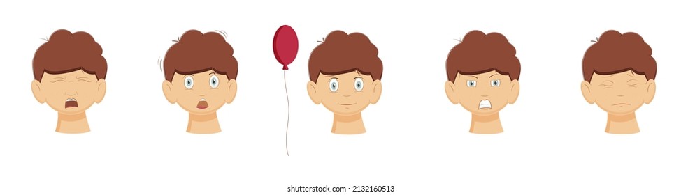 A set of different facial expressions of a boy. The concept of different moods, states, emotions of a person. Stock vector illustration.Isolated white background.