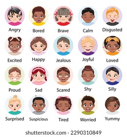 Set of different facial expressions diverse kids character. Collection of children feelings. Cute child emoji with various emotions. Diverse children portrait vector