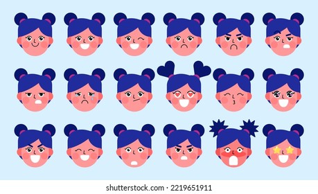 Set of different facial expressions of a female character. Collection of young woman's feelings. Beautiful emoji girl with different emotions. Collage of a portrait of a woman. Vector illustration.