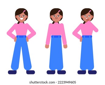 Set of different facial expressions of a female character. Collection of young woman's feelings. Beautiful girl in full growth. Vector illustration of a human.